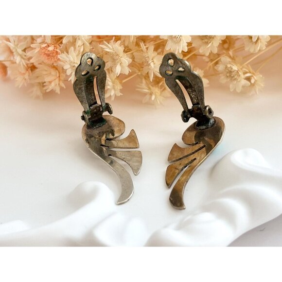 Native American Silver T Pewter Vintage Turquoise Bezel Set Modernist Studs - Picture 7 of 10